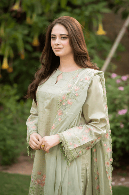 Dhanak-3PC Embroidered Shirt with Organza Embroidered Dupatta- 3386 - QQ