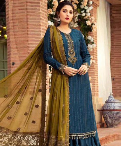 Linen 3PC Embroidered Shirt with Chiffon Embroidered Dupatta -983 - QQ