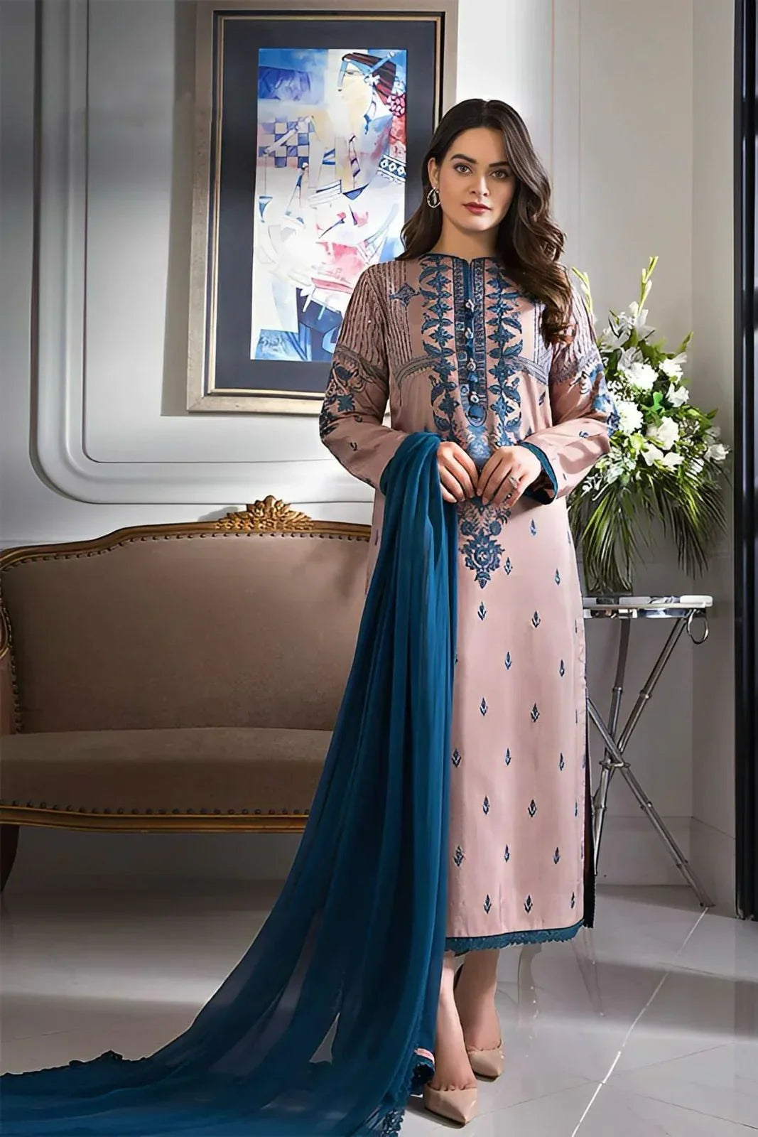 Lawn-3PC Embroidered With Chiffon Dupatta-5063