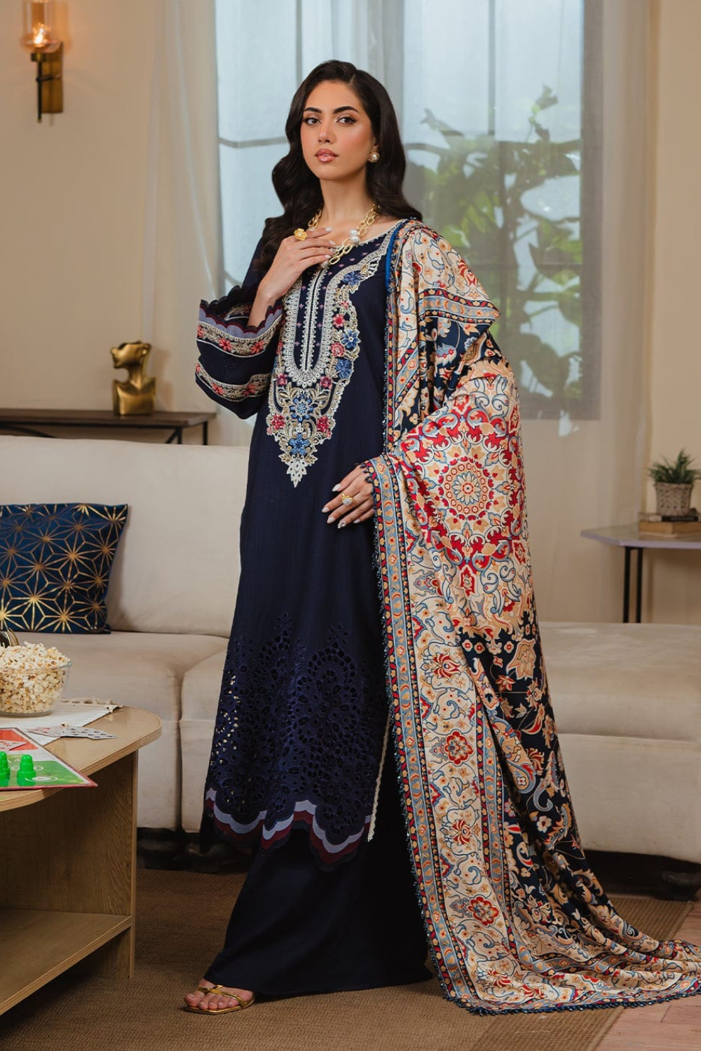3PC Dhanak Embroidered Shirt with printed funcy dupatta Q0954