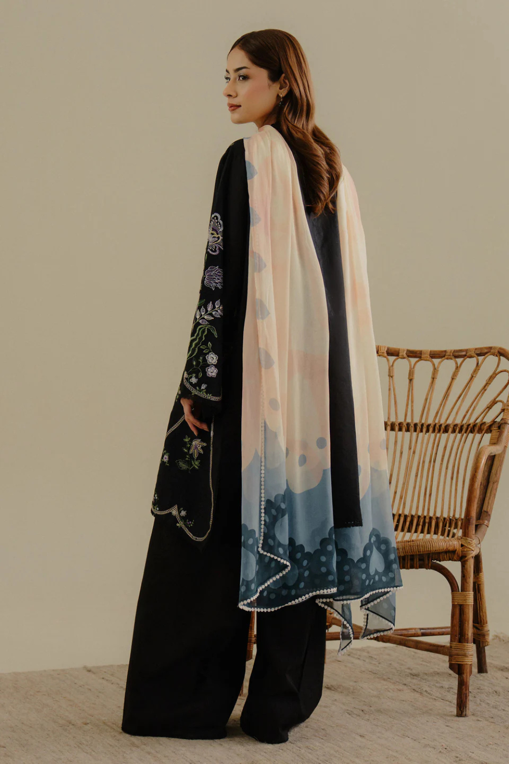 3PC Dhanak Embroidered Shirt with printed funcy dupatta Q0940