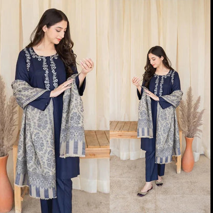 AISLING Dhanak 3PC Embroidered With Digital Printed Wool Shawl-629 - QQ