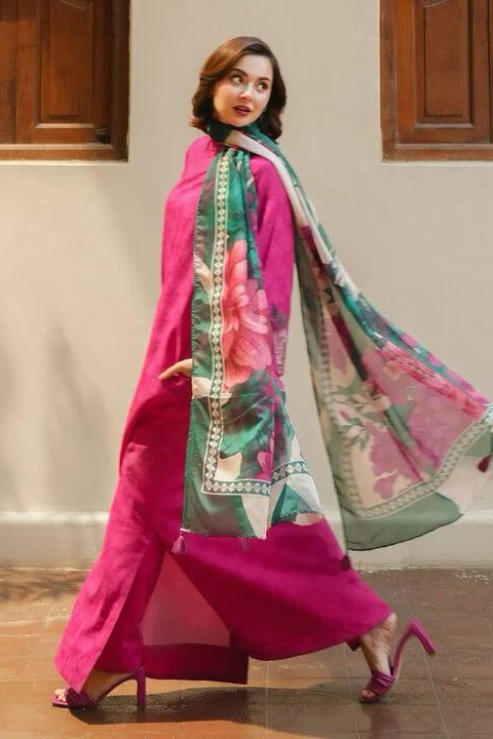 3PC-Printed Lawn Shirt With Voile Printed Dupatta-1541