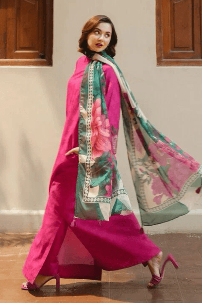 3PC-Printed Lawn Shirt With Voile Printed Dupatta-1541 - QQ