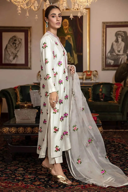 Silk 3PC Embroidered With Organza Embroidered Dupatta-1317 - QQ