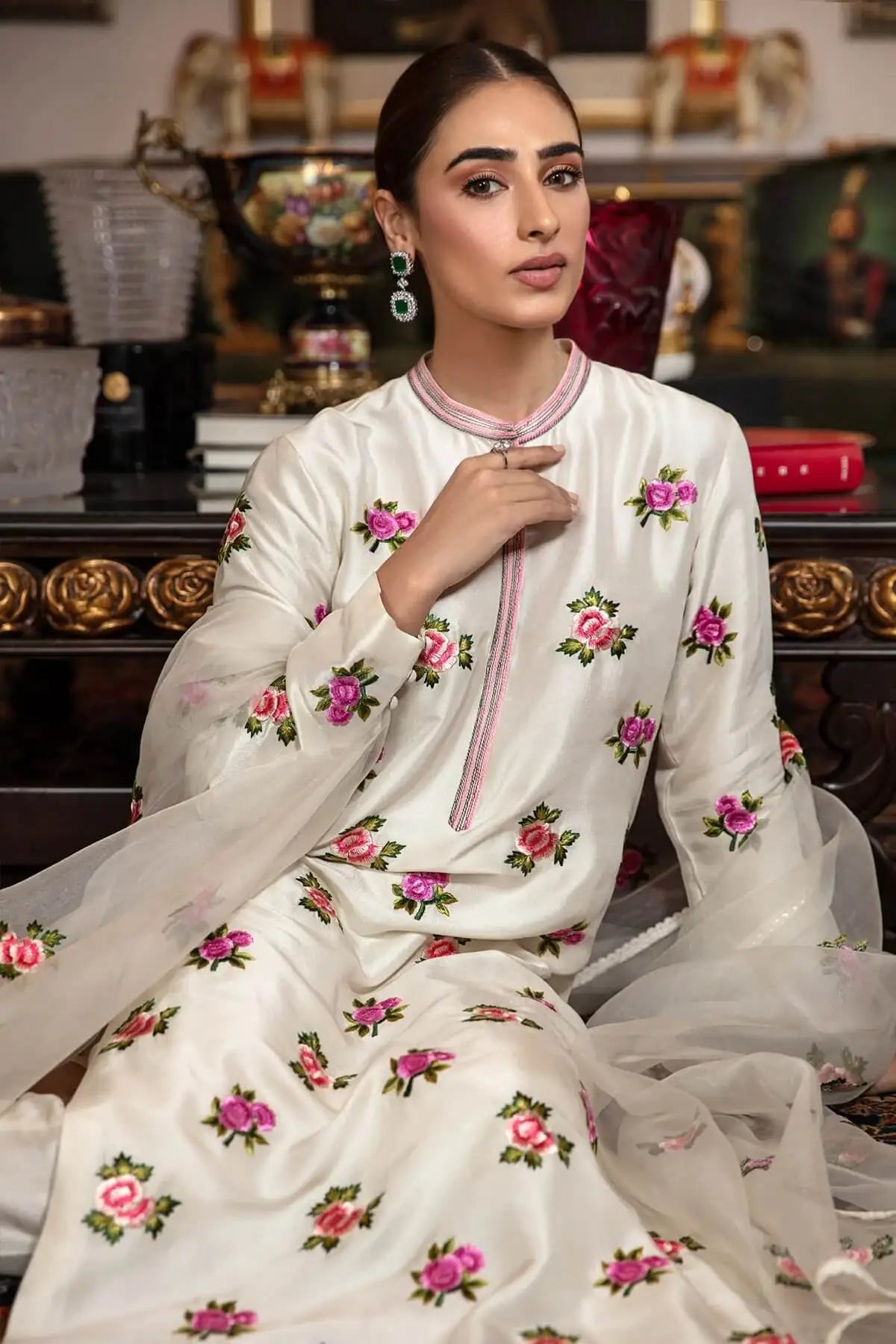 Silk 3PC Embroidered With Organza Embroidered Dupatta Q0394