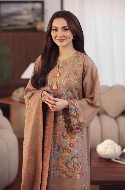 Dhanak 3PC Embroidered Suit With Printed Wool Shawl 3553