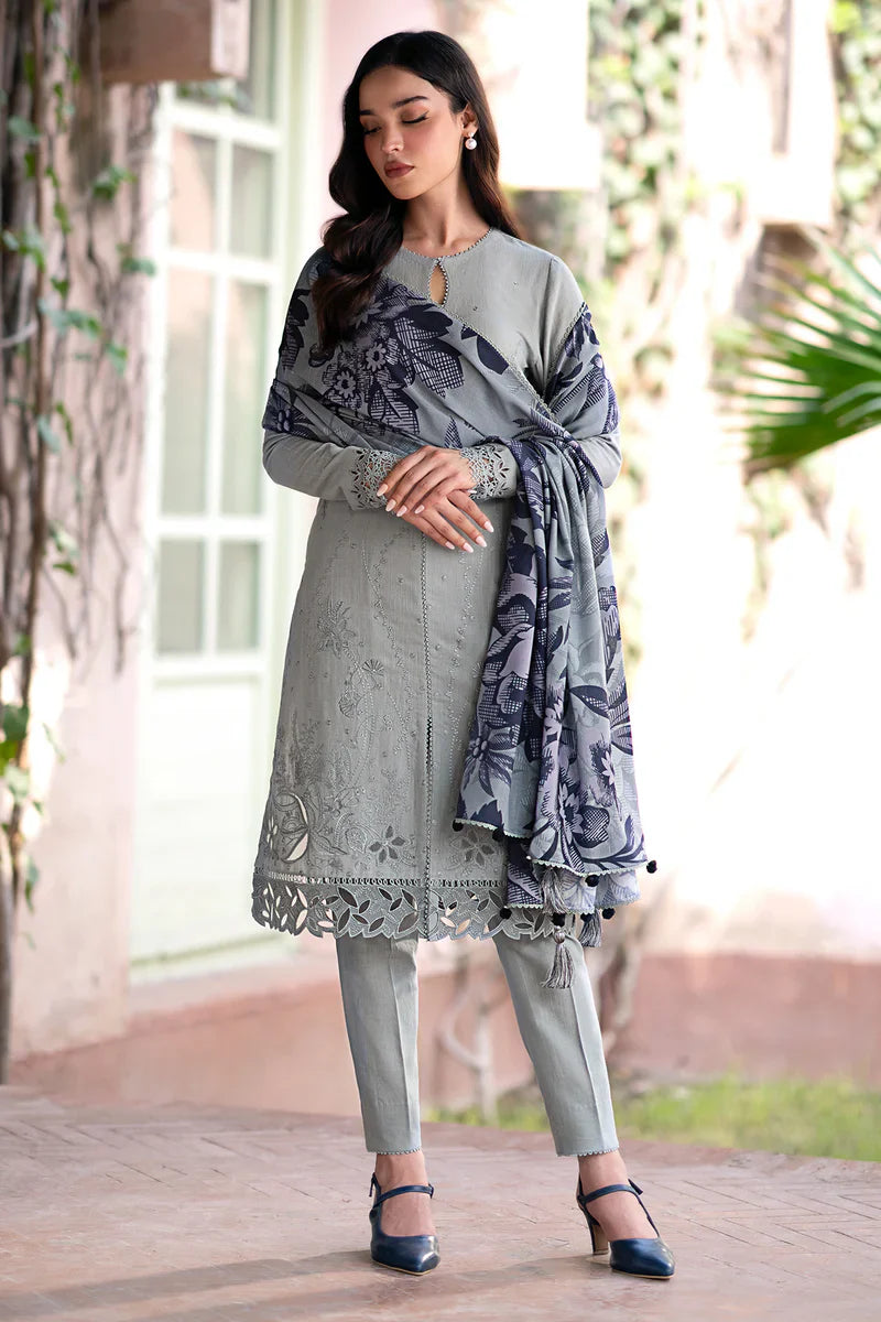 Linen 3PC Embroidered With Digital Printed Wool Shawl-1320