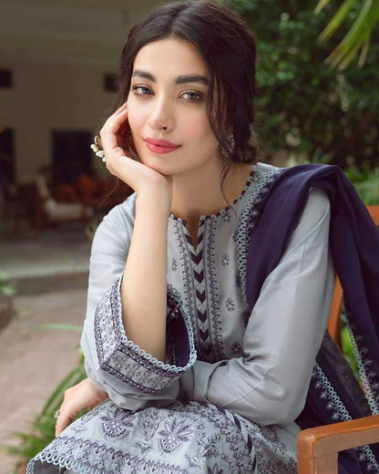 Linen 3PC Embroidered Shirt with Chiffon Embroidered Dupatta -578 - QQ