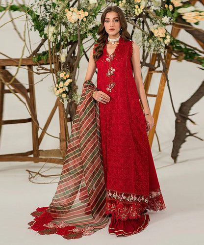 MUSHQ 3PC Chikankari Embroidered With Digital Printed Organza Dupatta-111 - QQ