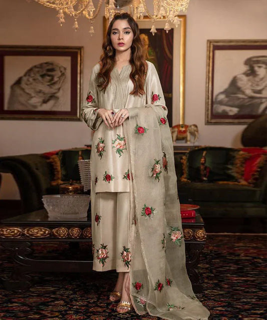 Silk 3PC Embroidered With Organza Embroidered Dupatta-1316 D