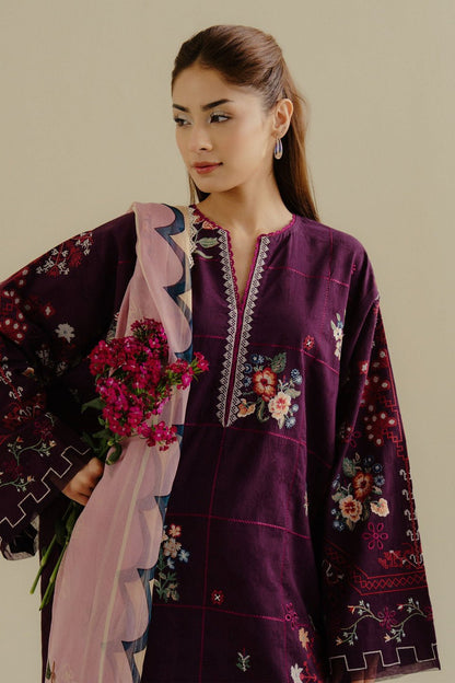 Lawn-3PC Embroidered Shirt with Digital Printed Jacquard Dupatta-1406 - QQ
