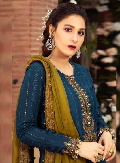 Linen 3PC Embroidered Shirt with Chiffon Embroidered Dupatta -983 - QQ