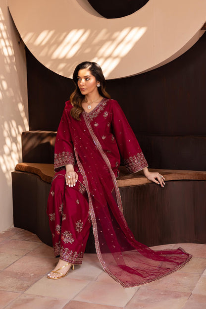 Dhanak -3PC Embroidered Shirt With Organza Embroidered Dupatta-3370 - QQ