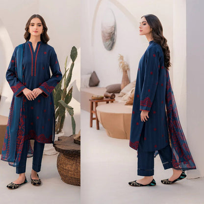 JAZMIN 3PC DHANAK EMBROIDERED SHIRT WITH DIGITAL PRINTED DUPATTA-667 - QQ