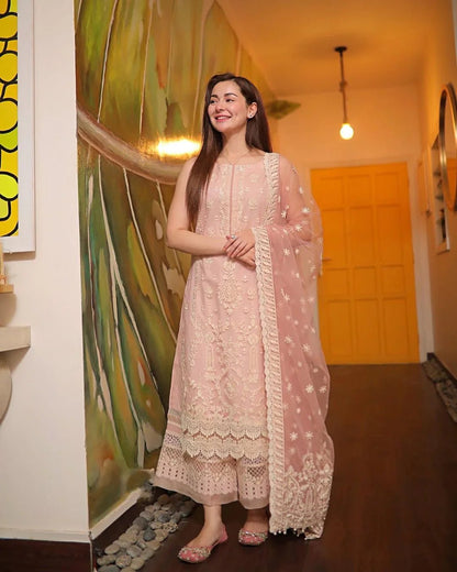 FAIZA SAQLAIN Lawn 3PC Embroidered With Organza Embroidered Dupatta-1049 - QQ