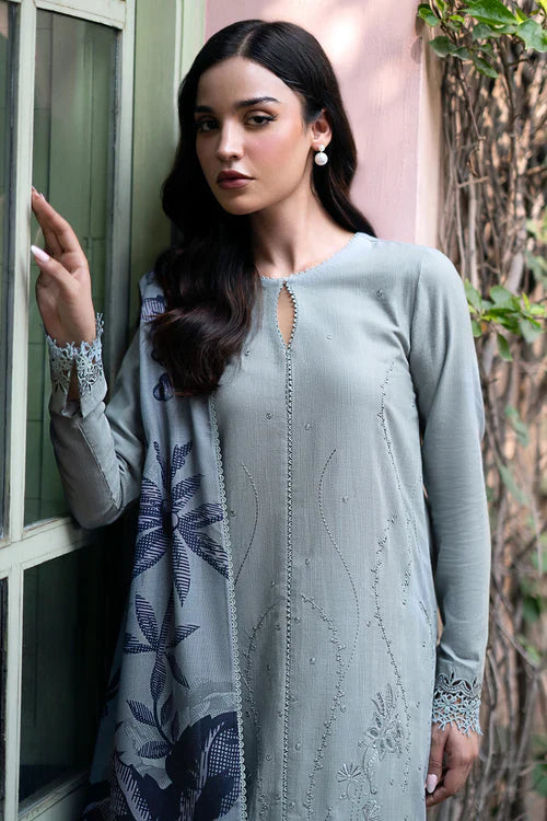 Linen 3PC Embroidered With Digital Printed Wool Shawl-1320