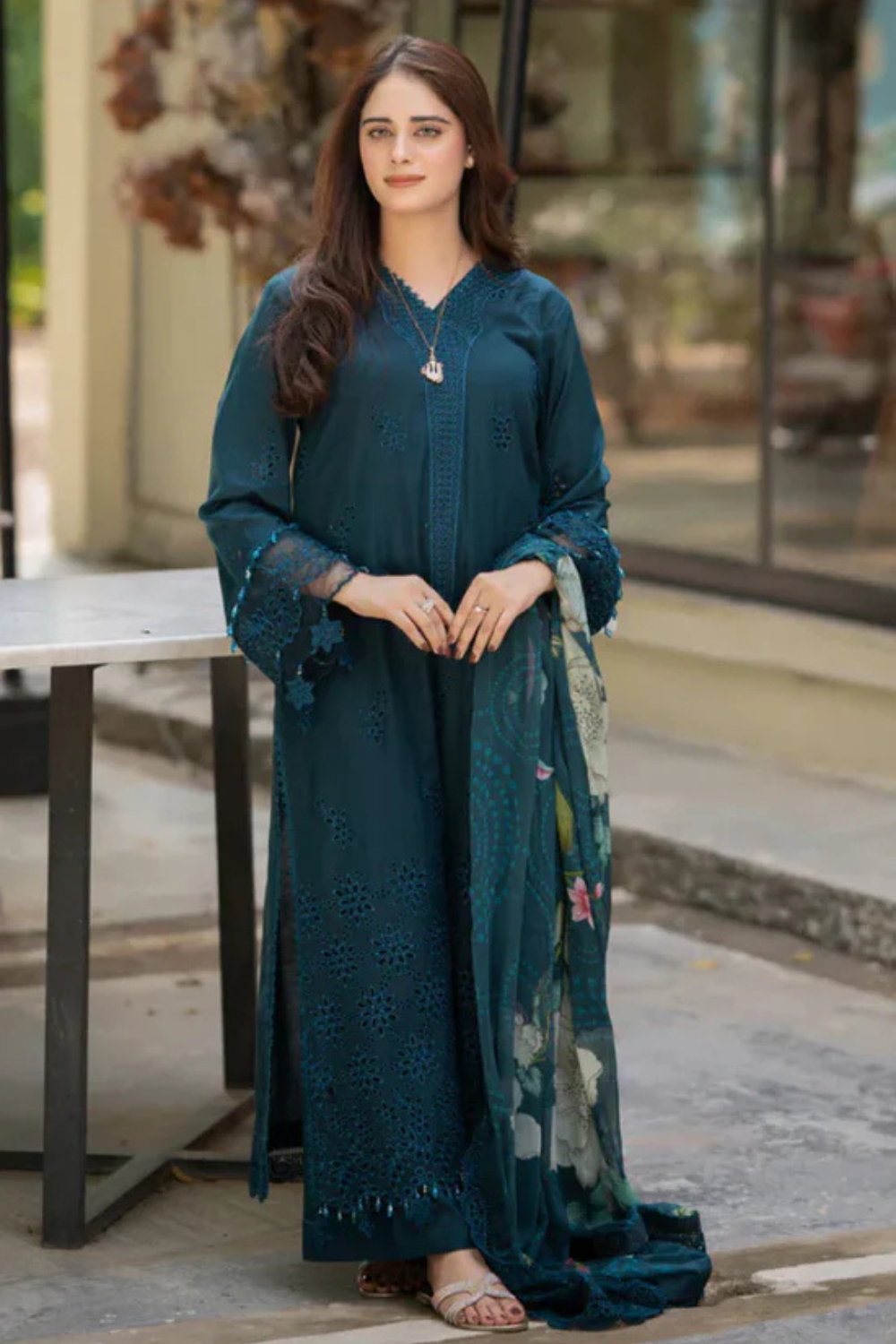 3PC Dhanak Embroidered Shirt with printed funcy dupatta Q0946