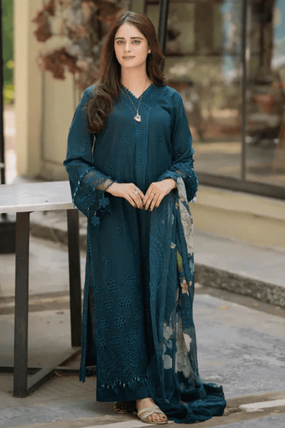 3PC Dhanak Embroidered Shirt with printed funcy dupatta -3438 - QQ