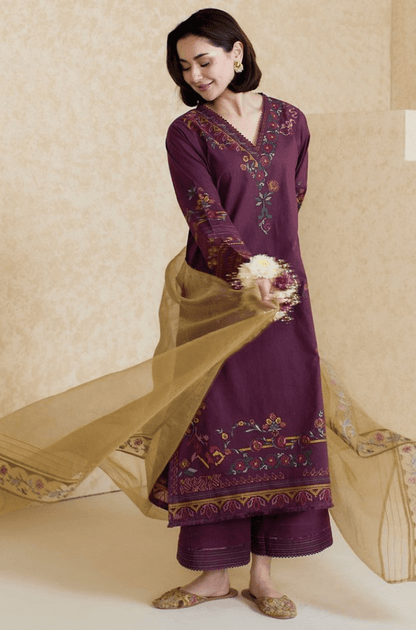 Dhanak -3PC Embroidered Shirt With Organza Embroidered Dupatta-3343 - QQ