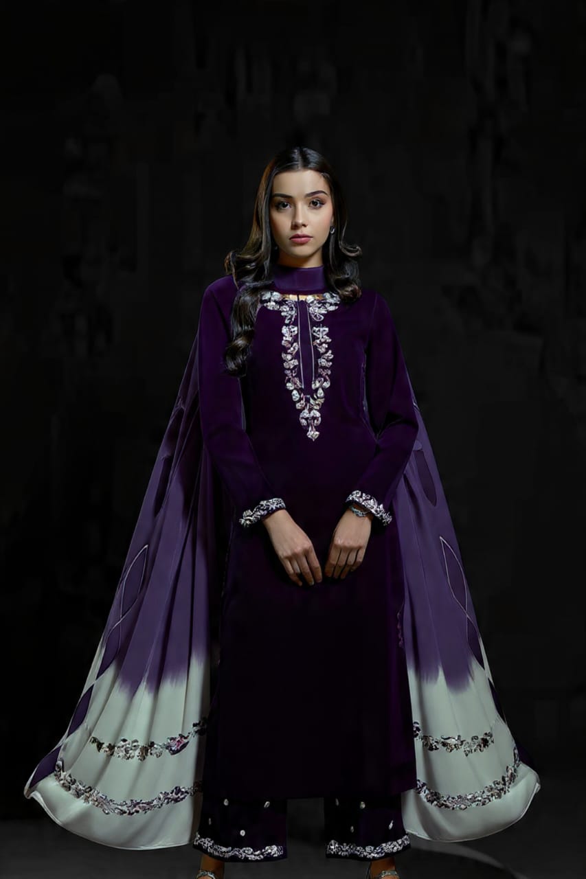 7003 Embroidered Velvet Dress With Karandi Shawl