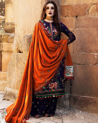 Dhanak 3PC Embroidered Shirt with Embroidered Dhanak Shawl -1304 - QQ