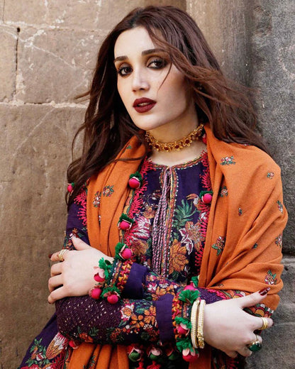 Dhanak 3PC Embroidered Shirt with Embroidered Dhanak Shawl -1304 - QQ