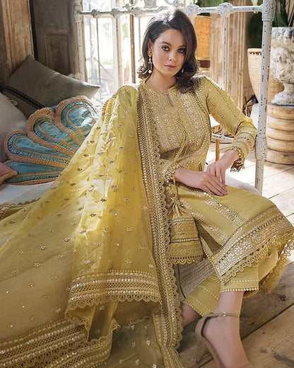 Linen 3PC Embroidered with Organza Sequins Embroidered Dupatta -583 - QQ