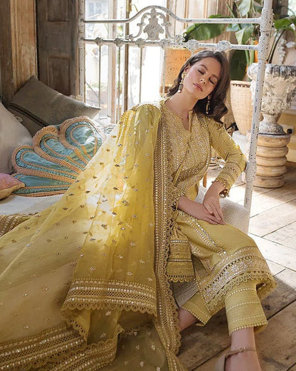 Linen 3PC Embroidered with Organza Sequins Embroidered Dupatta -583 - QQ