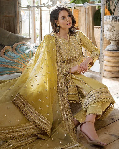 Linen 3PC Embroidered with Organza Sequins Embroidered Dupatta -583 - QQ