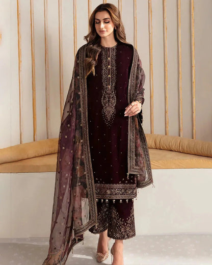 Velvet-3pc Embroidered with Organza Embroidered Dupatta-956 - QQ