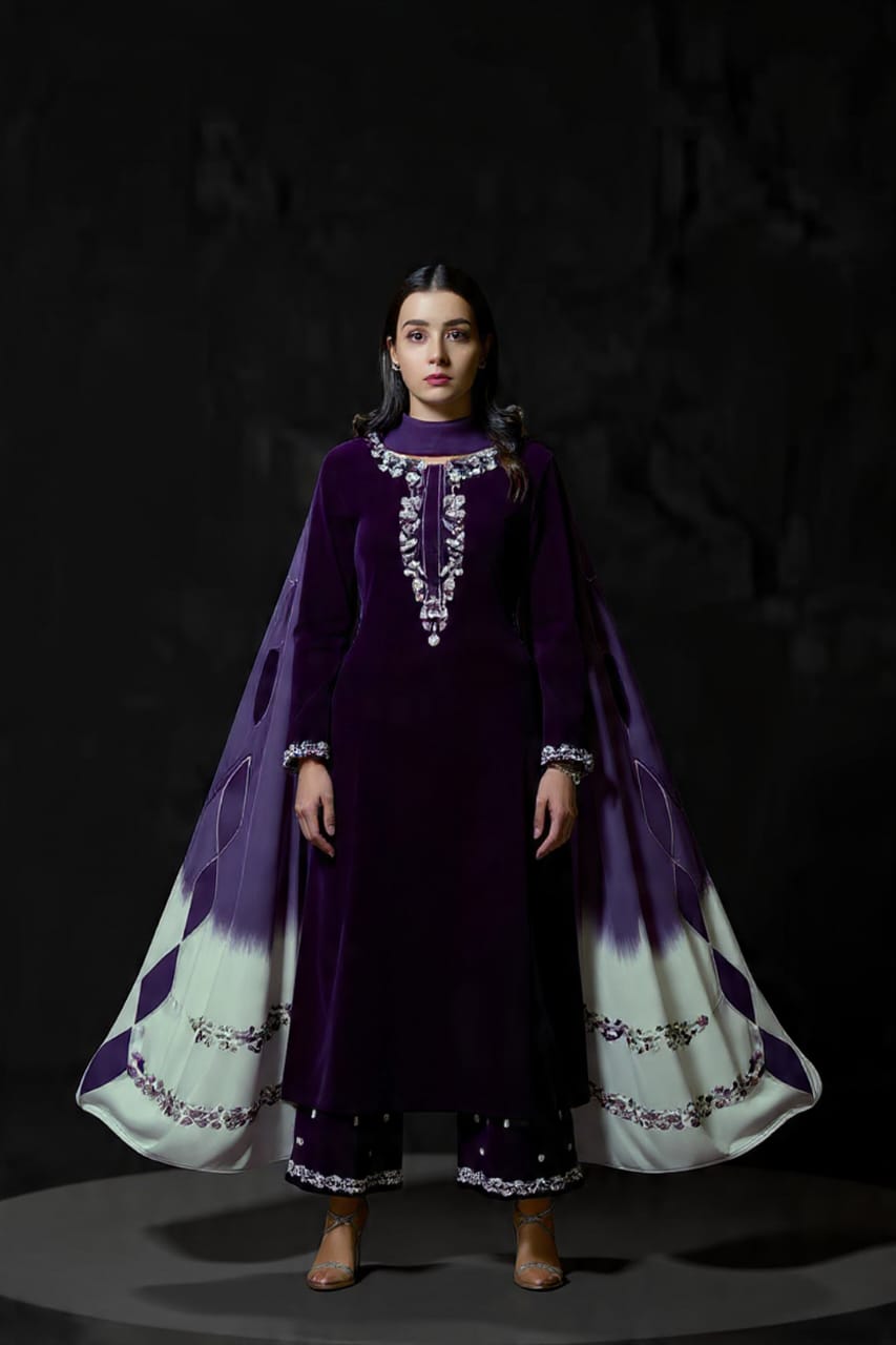 7003 Embroidered Velvet Dress With Karandi Shawl