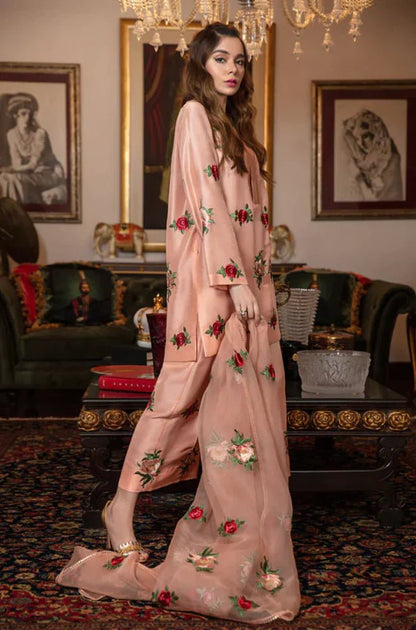 Silk 3PC Embroidered With Organza Embroidered Dupatta-1314 - QQ