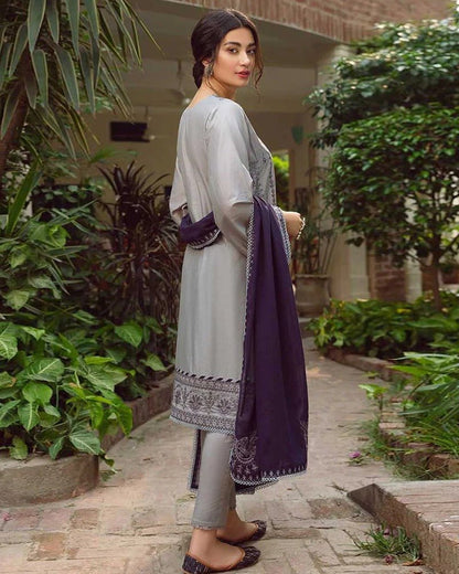 Linen 3PC Embroidered Shirt with Chiffon Embroidered Dupatta -578 - QQ