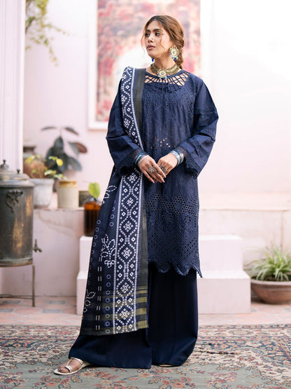 QALAMKAR 3PC Chikankari Dhanak Embroidered With Digital Printed Wool Shawl-118 - QQ