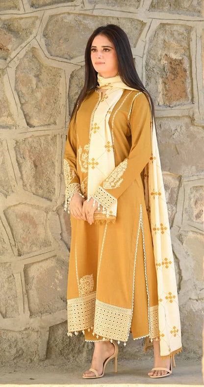 Dhanak-3PC Embroidered Shirt with Dhanak Embroidered Dupatta -3423 - QQ