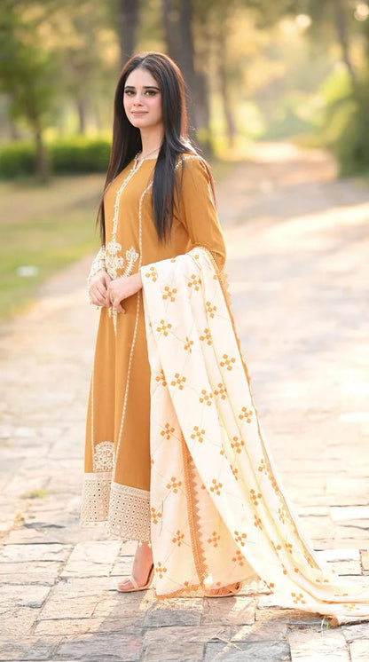 Dhanak-3PC Embroidered Shirt with Dhanak Embroidered Dupatta -3423 - QQ