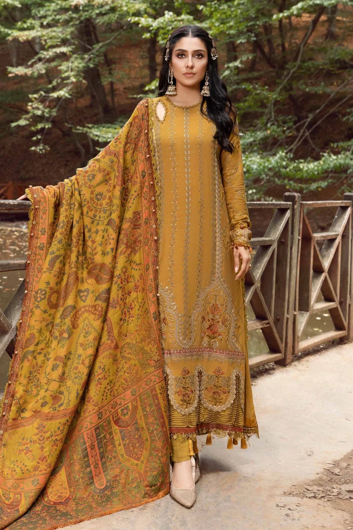 MARIA B. Dhanak 3PC Embroidered With Printed Pashmina Wool Shawl-116 - QQ
