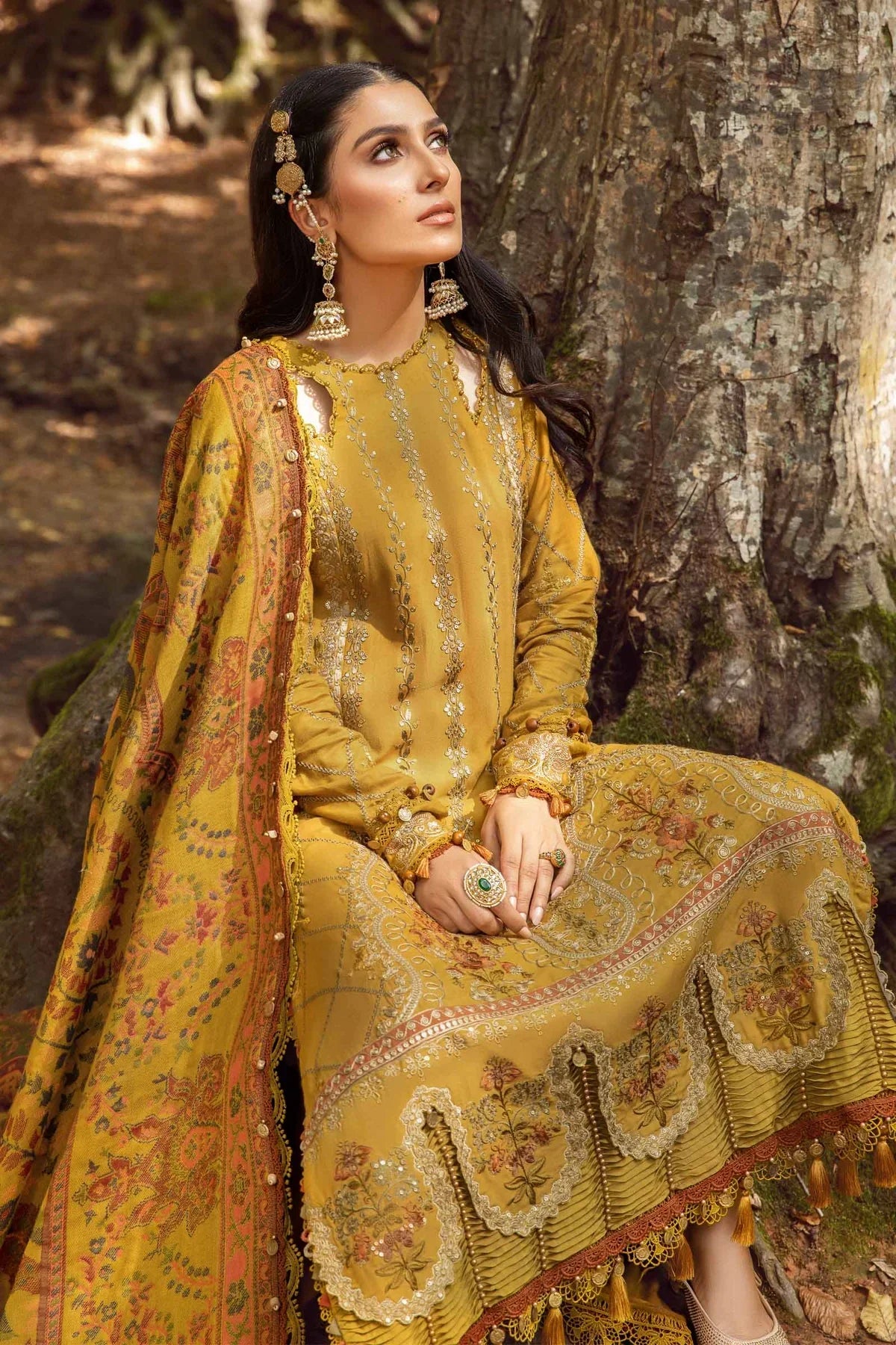 MARIA B. Dhanak 3PC Embroidered With Printed Pashmina Wool Shawl-116 - QQ