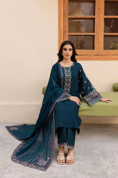 Dhanak-3PC Embroidered Shirt with Chiffon Embroidered Dupatta-3269 - QQ