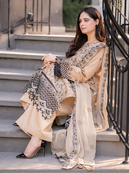 Dhanak-3PC Embroidered Shirt with Chiffon Embroidered Dupatta-3397 - QQ