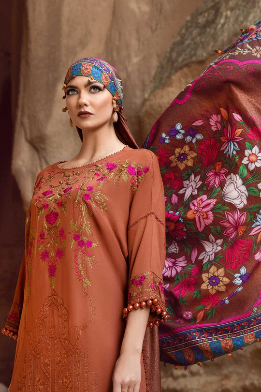 Dhanak-3PC Embroidered Shirt with Digital Printed Wool Shawl - 3462