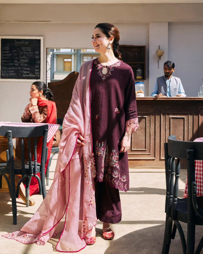Dhanak-3PC Embroidered Shirt with Organza Embroidered Dupatta- 3420 - QQ