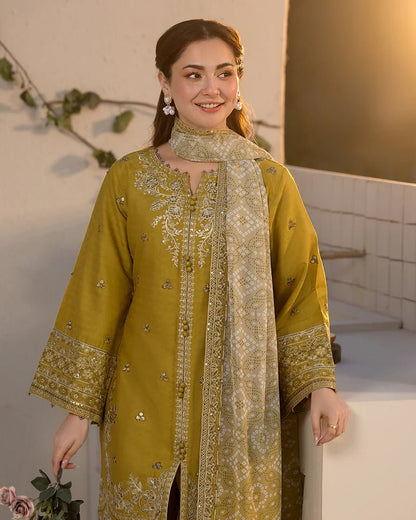 Dhanak-3PC Embroidered Shirt with Digital Printed Wool Shawl - 3289 - QQ