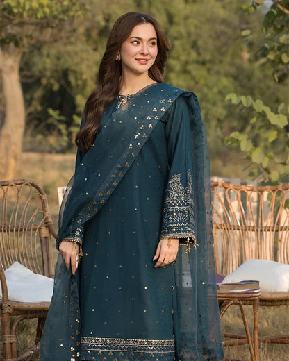 Lawn-3PC Embroidered Shirt with Organza Sequins Embroidered Dupatta- 5062 - QQ