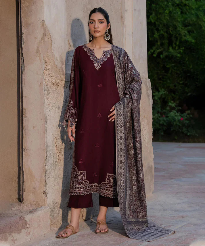 Dhanak-3PC Embroidered Shirt with Digital Printed Wool Shawl - 3537