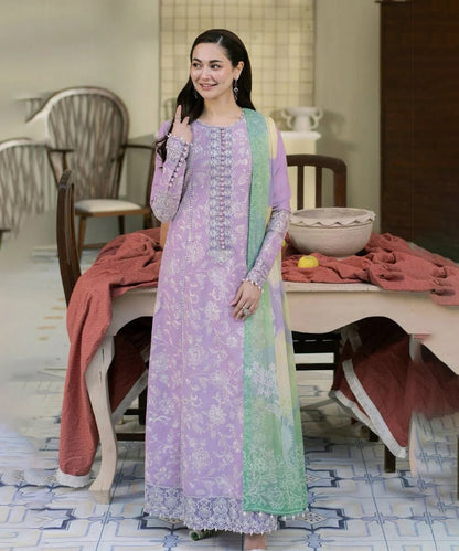 Dhanak-3PC Embroidered Shirt with Digital Printed Wool Shawl - 3307 - QQ