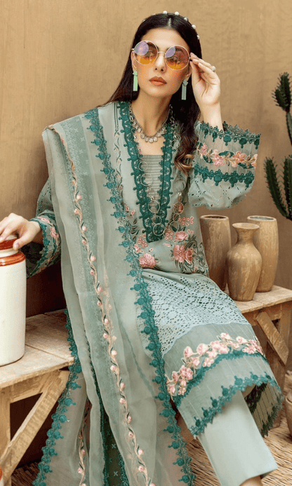 Dhanak-3PC Embroidered Shirt with Organza Embroidered Dupatta- 3292 - QQ