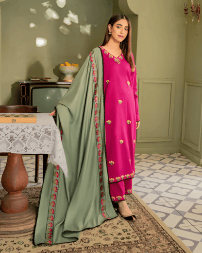 Dhanak 3PC Embroidered Shirt with Dhanak embroidered dupatta-619 - QQ