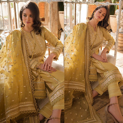 Linen 3PC Embroidered with Organza Sequins Embroidered Dupatta -583 - QQ